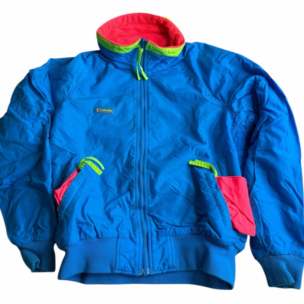 Columbia Vintage Blue Fleece Lined Jacket Neon Trim Womens Large